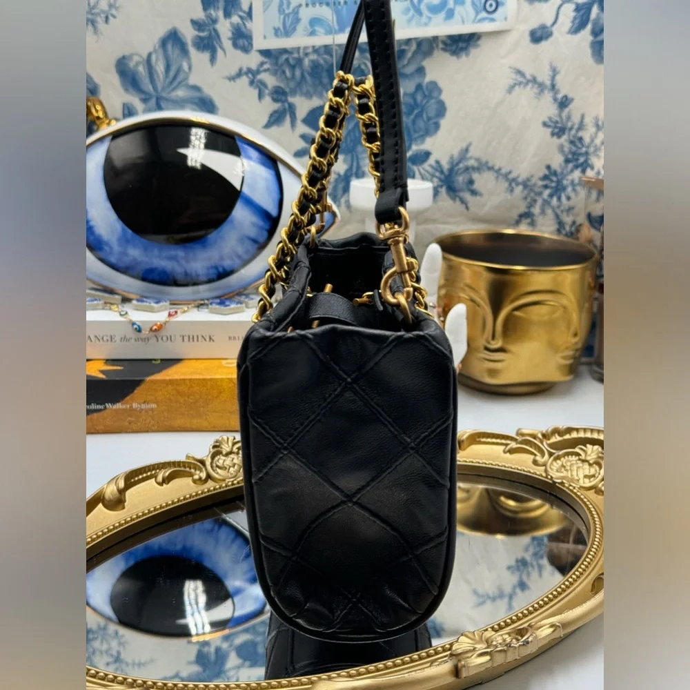 🆕 TORY BURCH 🧿 NWT Mini Fleming Soft Chain Tote - Black Leather -AUTHENTICATED